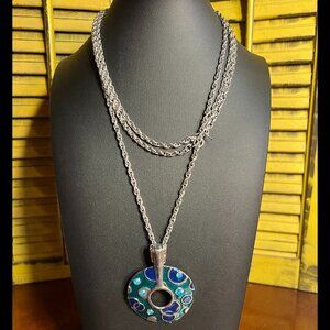 Vintage Trifari Silvertone Long Rope Chain with Enamel Pendant in Blues